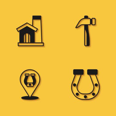 Smithy 'nin atölye çalışmasını Atnalı ve Çekiç ikonunu uzun gölgeli yap. Vektör.