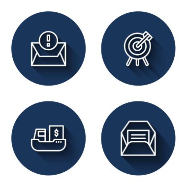 Hattı belirle. Zarif Hedef Mali Hedef Kargo gemisi. Kutu teslimatı ve uzun gölgeli. Mavi daire düğmesi. Vektör.