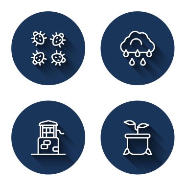 Colorado Böcek Bulutu 'nu yağmur kuyusuyla hizaya sokun ve uzun gölgeli saksı ekin. Mavi daire düğmesi. Vektör.