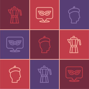 Kahve makinası, kahve makinası, Fransız adam ve karnaval maskesi ikonu. Vektör.