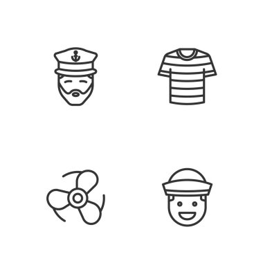Sailor Boat pervane kaptanı ve Çizgili Denizci tişörtü ikonu ayarlayın. Vektör.