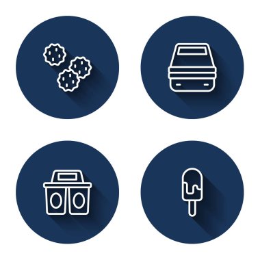 Sıra Cookie ya da bisküvi hazır kahve fincanı ve uzun gölgeli dondurma. Mavi daire düğmesi. Vektör.