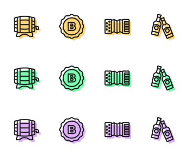 Akordiyon ahşap fıçı kapağı ve bira şişesi ikonunu ayarla. Vektör.