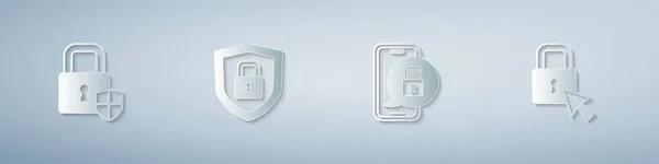 Set Shield Security Lock Mobiles Geschlossenes Vorhängeschloss Und Schloss Papierkunst — Stockvektor