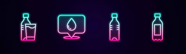 Set Line Bottle Water Glass Water Drop Location Glowing Neon — Stock Vector