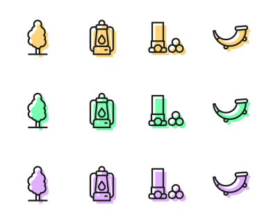 Kartuş Kartuş Ağaç Kamp feneri ve Avcı boynuzu simgesini ayarla. Vektör.