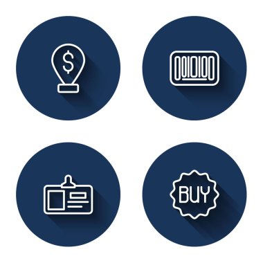 Hat Cash lokasyon barkod kimlik kartı ve uzun gölgeli Buy düğmesi ayarla. Mavi daire düğmesi. Vektör.