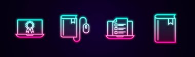 Çevrimiçi eğitimi diploma Elektronik Kitap Fare Sınav Anketi ve Kitap ile ayarla. Parlayan neon ikonu. Vektör.