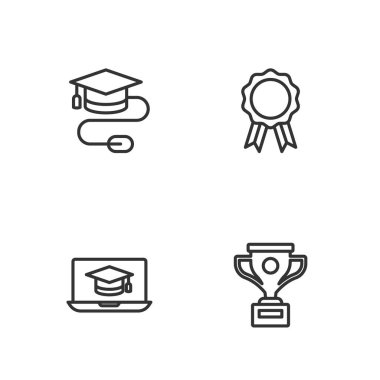 Dizüstü bilgisayarda fare ve Çevrimiçi Eğitim Diploması ikonu ile çizgi ödül kupası mezuniyet şapkasını ayarla. Vektör.