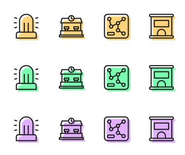 Tren yolu haritası, siren istasyonu ve bilet ikonu almak için bilet bürosunu ayarlayın. Vektör.