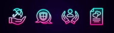 Shield Life sigortası ve evlilik sözleşmesi için Umbrella 'yı ayarlayın. Parlayan neon ikonu. Vektör.