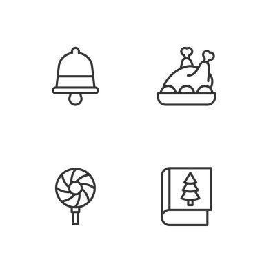 Noel kitabı, lolipop zil ve kızarmış hindi ya da tavuk ikonu. Vektör.