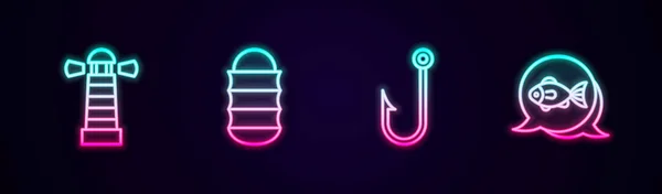 Set Line Lighthouse Fishing Net Hook Glowing Neon Icon Vector — Stock Vector