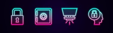 Hat kilidi, kasa, yangın söndürme sistemi ve... Parlayan neon ikonu. Vektör