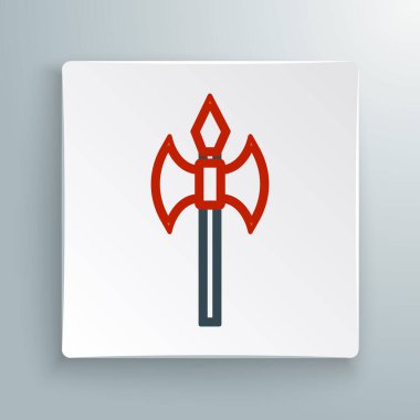 Beyaz arka planda izole edilmiş Ortaçağ balta simgesi. Savaş baltası, cellat baltası. Ortaçağ silahı. Renkli taslak konsepti. Vektör