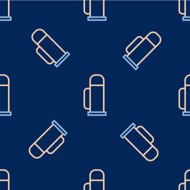 Hat termos konteynır ikonu mavi arka planda izole edilmiş kusursuz desen. Termo matara ikonu. Kamp ve yürüyüş ekipmanları. Vektör