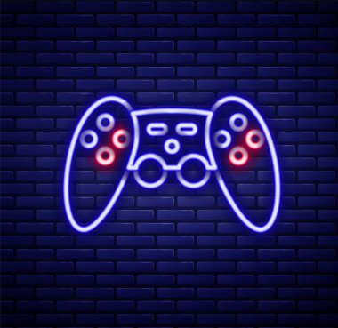 Parlayan neon hattı Gamepad simgesi tuğla duvar arka planında izole edildi. Oyun kontrolörü. Renkli taslak konsepti. Vektör