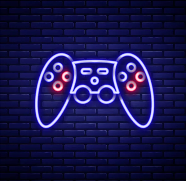 Brillante Línea Neón Gamepad Icono Aislado Fondo Pared Ladrillo Controlador — Vector de stock