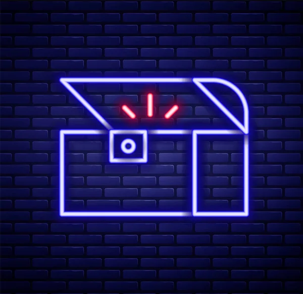 Glowing Neon Line Chest Game Icon Isolated Brick Wall Background — Stock Vector
