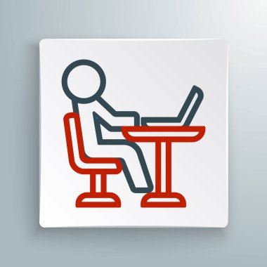 Beyaz arkaplanda serbest çizgi simgesi izole edildi. Evinde dizüstü bilgisayarla çalışan serbest çalışan bir adam. Çevrimiçi iş, uzak iş kavramı. Renkli taslak konsepti. Vektör