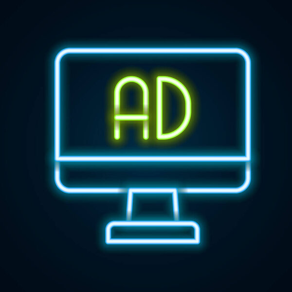 Glowing neon line Advertising icon isolated on black background. Concept of marketing and promotion process. Responsive ads. Social media advertising. Colorful outline concept. Vector