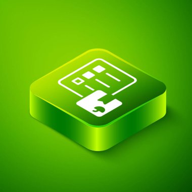 Dağıtım listesi simgesinin Isometric Doğrulaması yeşil arkaplanda izole edildi. Yeşil kare düğmesi. Vektör