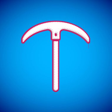 Mavi arkaplanda beyaz kazma simgesi izole edildi. Vektör