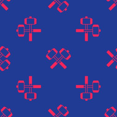 Kırmızı Ortaçağ savaş çekiçleri ikonu mavi arka planda izole edilmiş pürüzsüz desen. Vektör