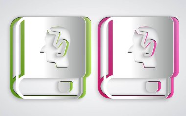 Kağıt kesiği hukuk kitabı simgesi gri arkaplanda izole edilmiş. Yasal yargıç kitabı. Yargılama kavramı. Kağıt sanatı tarzı. Vektör