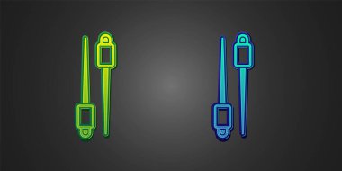 Siyah arkaplanda yeşil ve mavi yemek çubukları simgesi var. Asya yemekleri için tahta Kore çubukları. Doğulu aletler. Vektör