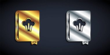 Siyah arkaplanda izole edilmiş altın ve gümüş yemek kitabı ikonu. Yemek kitabı ikonu. Yemek tarifi kitabı. Çatal ve bıçak ikonları. Çatal bıçak sembolü. Uzun gölge tarzı. Vektör.