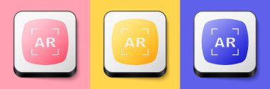 Isometric Augmented reality AR icon isolated on pink, yellow and blue background. Virtual futuristic wearable devices. Square button. Vector.