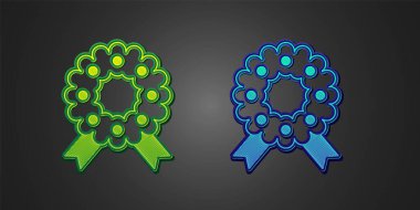 Siyah arka planda izole edilmiş yeşil ve mavi Noel çelengi ikonu. Mutlu Noeller ve mutlu yıllar. Vektör.