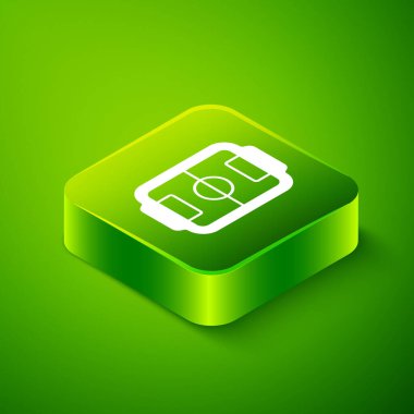 Isometric Masa futbolu hobisi ya da yeşil arka planda izole edilmiş boş zaman ikonu. Spor takımı oyuncuları. Yeşil kare düğmesi. Vektör