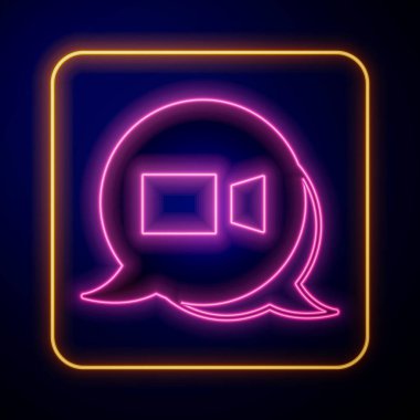 Parlayan neon görüntülü sohbet ikonu siyah arkaplanda izole edildi. Çevrimiçi iş görüşmesi formu. Uzak proje yönetimi. Vektör