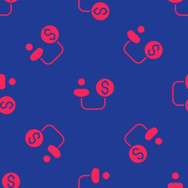 Kırmızı insan ve para ikonu mavi arka planda kusursuz desen izole etti. Yatırım çekme kavramı. Büyük işletmelerin kazanç kaynağı ve başarısı. Vektör