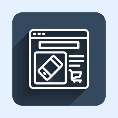 Beyaz Hat Çevrimiçi uzun gölge arkaplan izole ekran simgesinden alışveriş. Konsept e-ticaret, e-ticaret, online iş pazarlama. Mavi kare düğme. Vektör