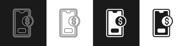 黒と白の背景に隔離されたドル記号のアイコンとスマートフォンを設定します オンラインショッピングのコンセプト 金融携帯電話のアイコン オンライン決済 ベクトル — ストックベクタ
