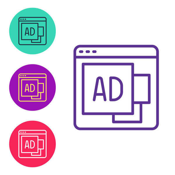 Set line Advertising icon isolated on white background. Concept of marketing and promotion process. Responsive ads. Social media advertising. Set icons colorful. Vector