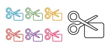 Satır makasları beyaz arkaplanda izole edilmiş indirim kuponu simgesini keser. Online bir süpermarkette düşük fiyattan ya da yarı fiyatına satış yapma fikri. Simgeleri renklendirin. Vektör