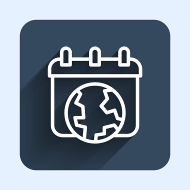 Beyaz çizgi Dünya Günü ikonu uzun gölge arkaplan izole. Çevre dostu dünya. Ekoloji ve doğa kavramı. Mavi kare düğme. Vektör