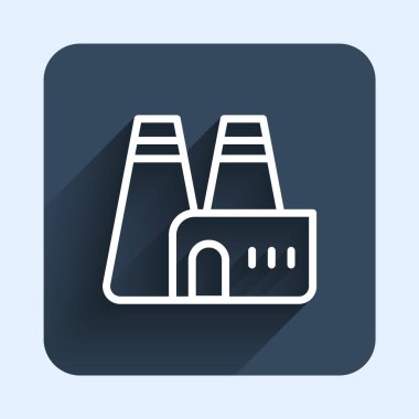 Beyaz Hat Fabrikası yapım ikonu uzun gölge arkaplan izole. Endüstriyel bina. Mavi kare düğme. Vektör