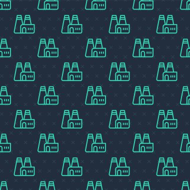 Yeşil Hat Fabrikası yapım ikonu mavi arka planda izole edilmiş pürüzsüz desen. Endüstriyel bina. Vektör