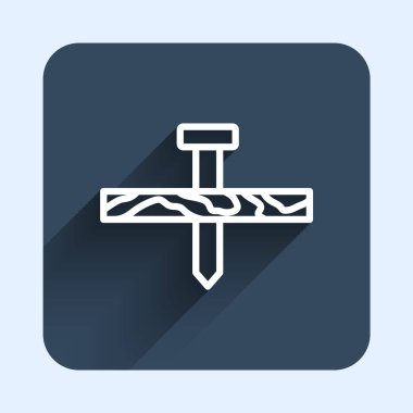 Beyaz çizgili metal çivi ve tahta ikonu uzun gölgeli arka plan. Mavi kare düğme. Vektör