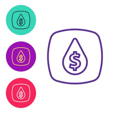 Beyaz arkaplanda dolar sembolü simgesi olan çizgi yağını ayır. Petrol fiyatı. Petrol ve petrol endüstrisi. Simgeleri renklendirin. Vektör