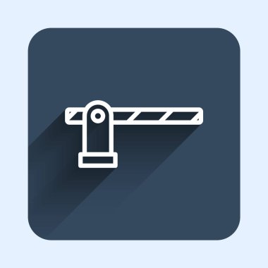 Beyaz çizgili park aracı bariyeri simgesi uzun gölgeli. Sokak durağı sınırı. Mavi kare düğme. Vektör