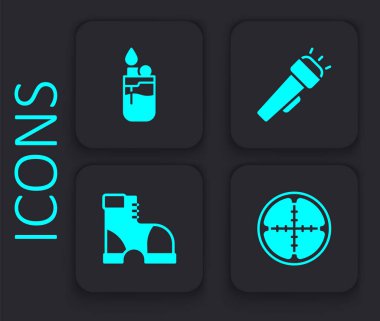 Keskin nişancı optik görüşü, çakmak, fener ve avcı çizmeleri simgesini ayarla. Siyah kare düğme. Vektör