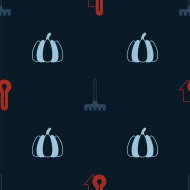 Termometreyi, bahçe tırmığını ve balkabağını kusursuz desene ayarlayın. Vektör