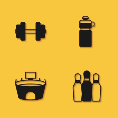 Dumbbell, Bowling lobutları, Stadyum ve uzun gölgeli fitness sallama ikonu. Vektör
