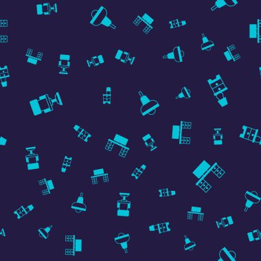 Ofis koltuğu, lambalı mobilya sehpası, asılan lamba ve kusursuz desenli masa. Vektör